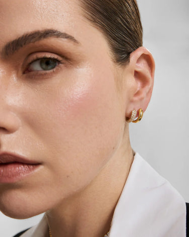 Gold Spiral Half Pavé & Polish Huggie Hoop Earrings