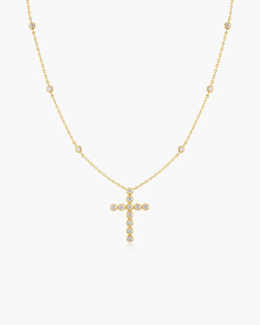 Gold Bezel-Set Station Necklace with Cross Pendant