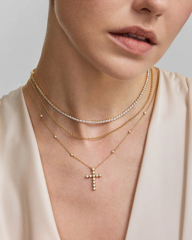 Gold Bezel-Set Station Necklace with Cross Pendant