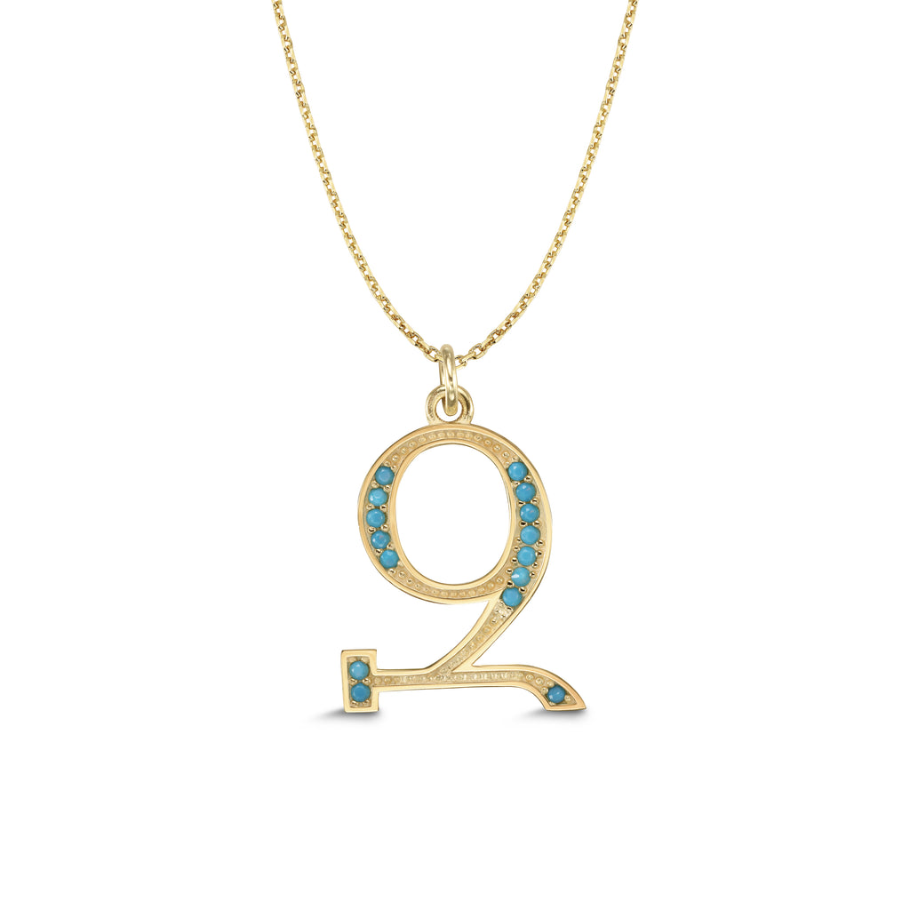 Armenian Initial Necklace Gold w/ Turquoise Stones Large
