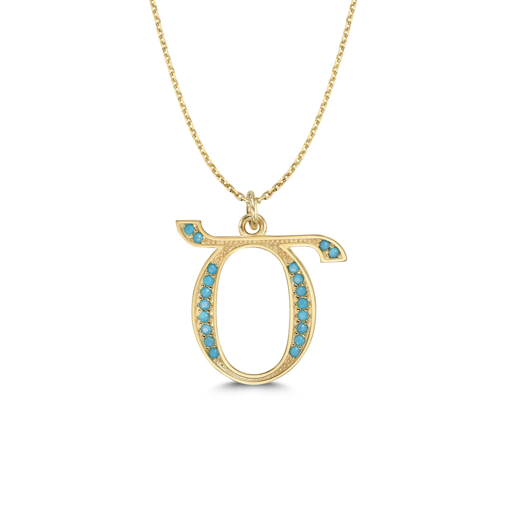 Armenian Initial Necklace Gold w/ Turquoise Stones Large
